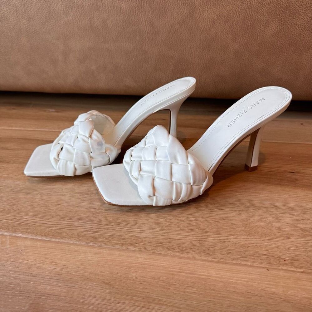 Marc Fisher White Braided Leather Heeled Mules